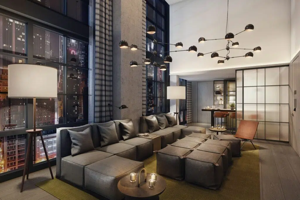 Modern city view living room design by one of the best interior design companies Yabu Pushelberg