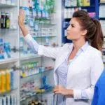 beautiful young woman pharmacist showing drugs to PYYTN9T