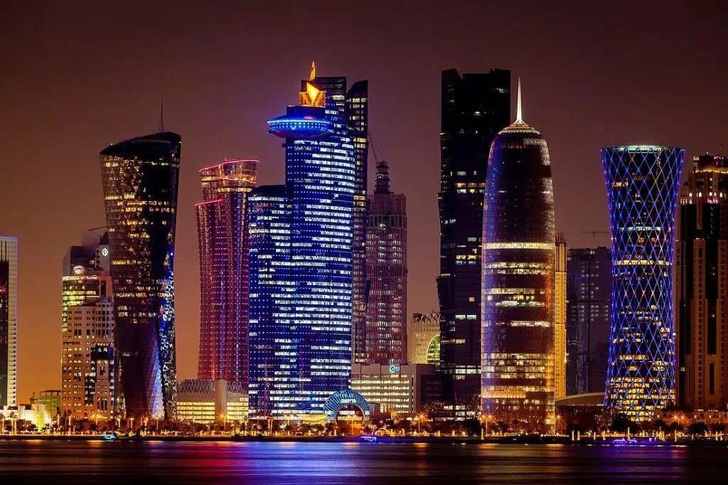 71146377 Doha Skyscrapers At Night Doha Qatar